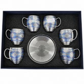 6-Piece Modern Coffee Mug Set with Saucers – Blue Pattern
