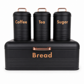 4PC Kitchen Storage Set Bread Bin Coffee Tea Sugar Canisters Black Metal Set