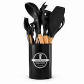 Silicone Kitchen Utensil Set Wooden Handle Cooking Tools with Holder