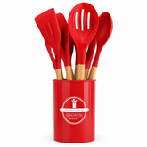 Red Silicone Kitchen Utensil Set Wooden Handle Cooking Tools with Holder