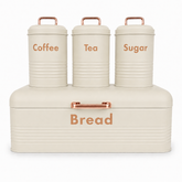 4PC Kitchen Storage Set Bread Box Coffee Tea Sugar Canisters Cream White Metal Set