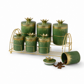 Ceramic Spice and Seasoning Jar Set with Stand, Green and Gold