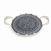 Ornate Silver Serving Tray with Black Greek Key Design and Handles