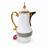 Elegant Gold Trim Arabic Coffee Pot – Luxury White & Gold Dallah with Diamond Accents