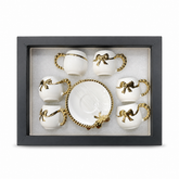 Luxury Gold-Trimmed Porcelain Coffee Cup Set with Elegant Ribbons - 6 Cups, 1 Saucer, Gift Box