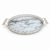 Luxury Silver-Plated Round Marble Serving Tray with Ornate Handles