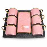 Elegant Pink Gold-Trimmed Ceramic Coffee Cup and Saucer Set for Six