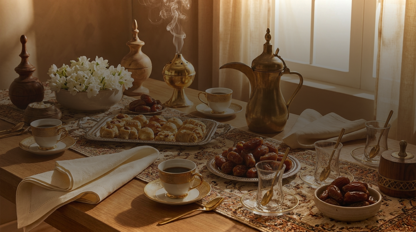 A serving tray of pastries and dates on a laid table