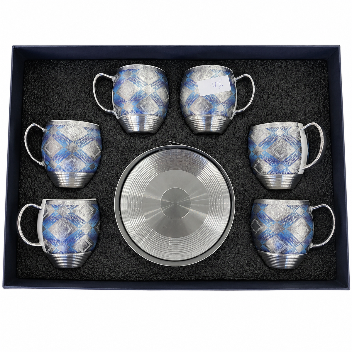 6-Piece Modern Coffee Mug Set with Saucers – Blue Pattern