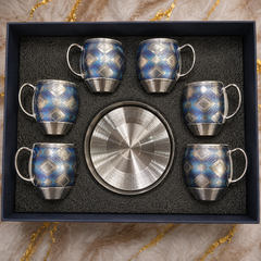 6-Piece Modern Coffee Mug Set with Saucers – Blue Pattern