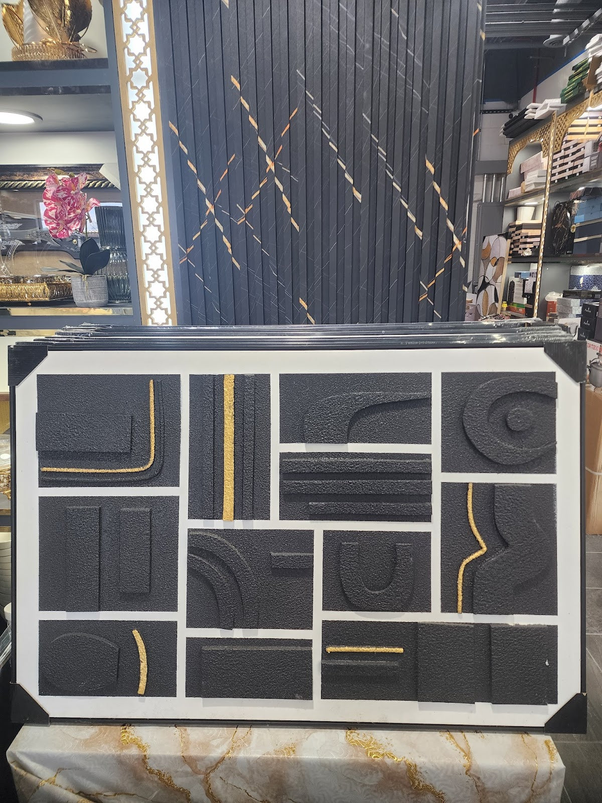Artistic Black Textured Geometric Wall Art with Gold Accents for Modern Home Decor