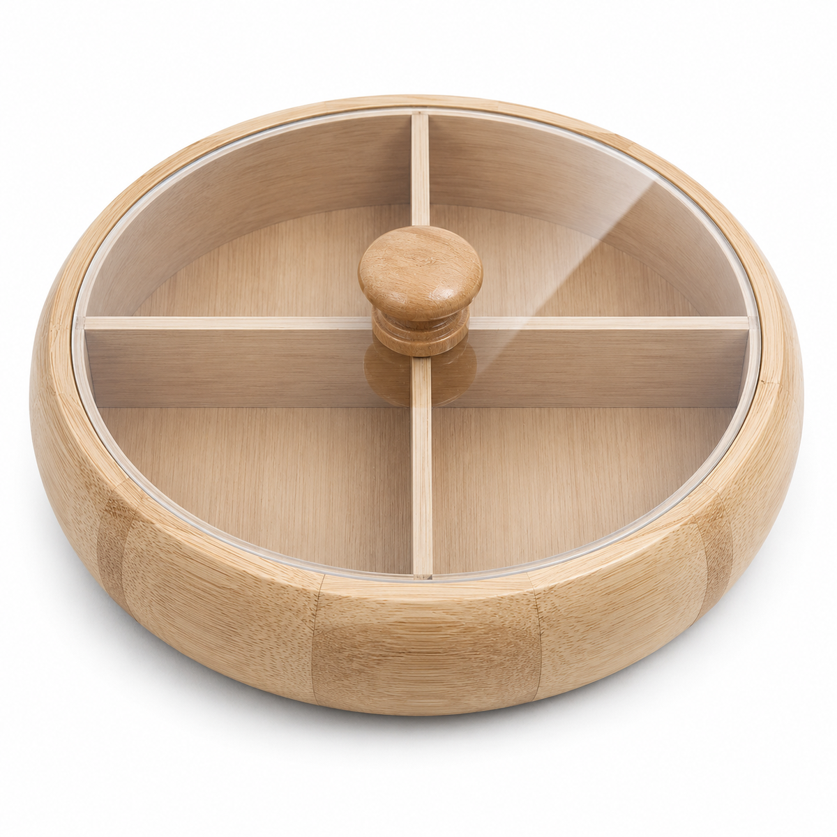 Round Wooden Divided Serving Tray with Lid 4 Section Snack Candy Organizer