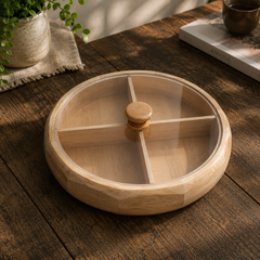 Round Wooden Divided Serving Tray with Lid 4 Section Snack Candy Organizer