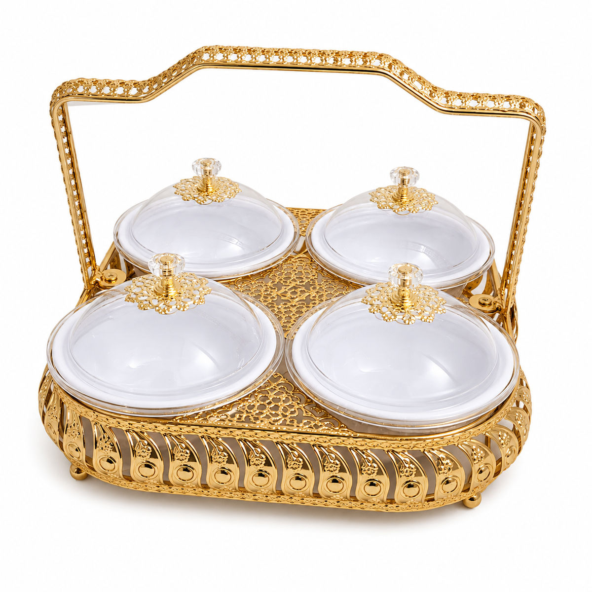 Luxury Gold Serving Tray with 4 Covered Bowls – Snack & Condiment Set