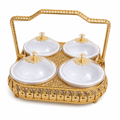 Luxury Gold Serving Tray with 4 Covered Bowls – Snack & Condiment Set