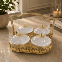 Luxury Gold Serving Tray with 4 Covered Bowls – Snack & Condiment Set