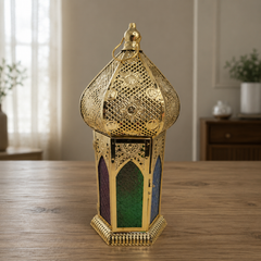 Luxury Ramadan Lantern – Decorative Metal Lantern with Colored Glass Panels