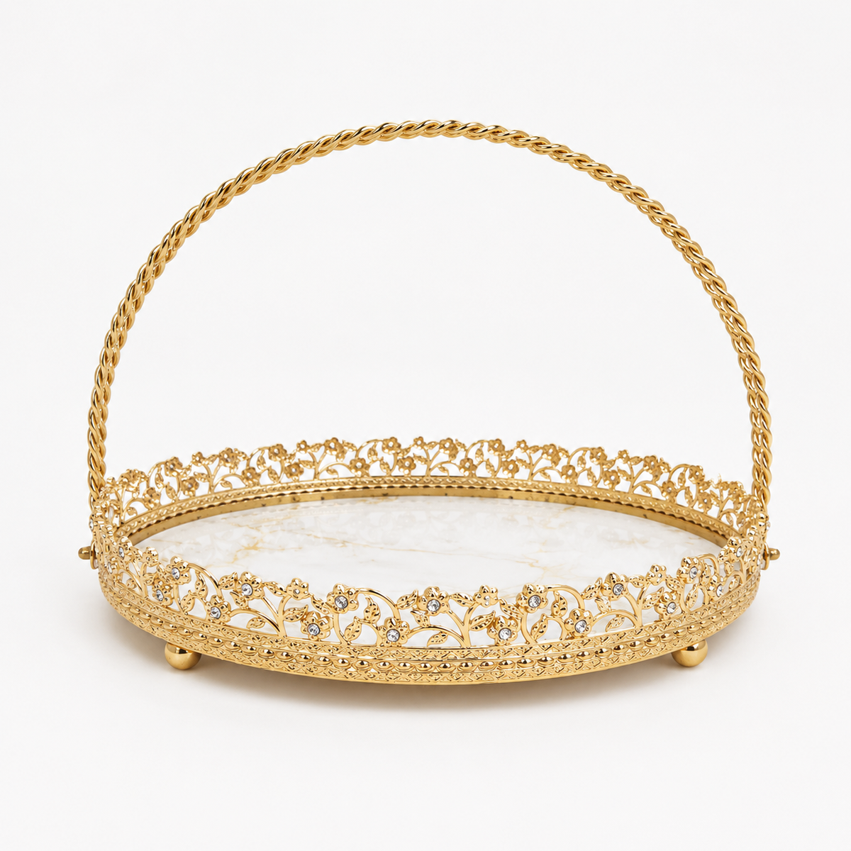 Luxury Round Serving Tray with Handle – Gold Decorative Tray with Marble Base