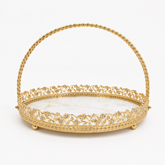 Luxury Round Serving Tray with Handle – Gold Decorative Tray with Marble Base