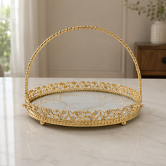 Luxury Round Serving Tray with Handle – Gold Decorative Tray with Marble Base