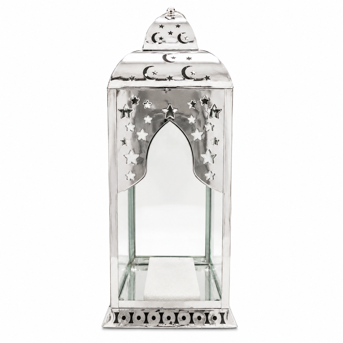 Modern Ramadan Lantern – Silver Decorative Candle Holder with Glass Panels