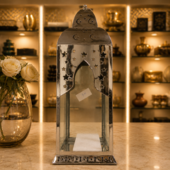 Modern Ramadan Lantern – Silver Decorative Candle Holder with Glass Panels
