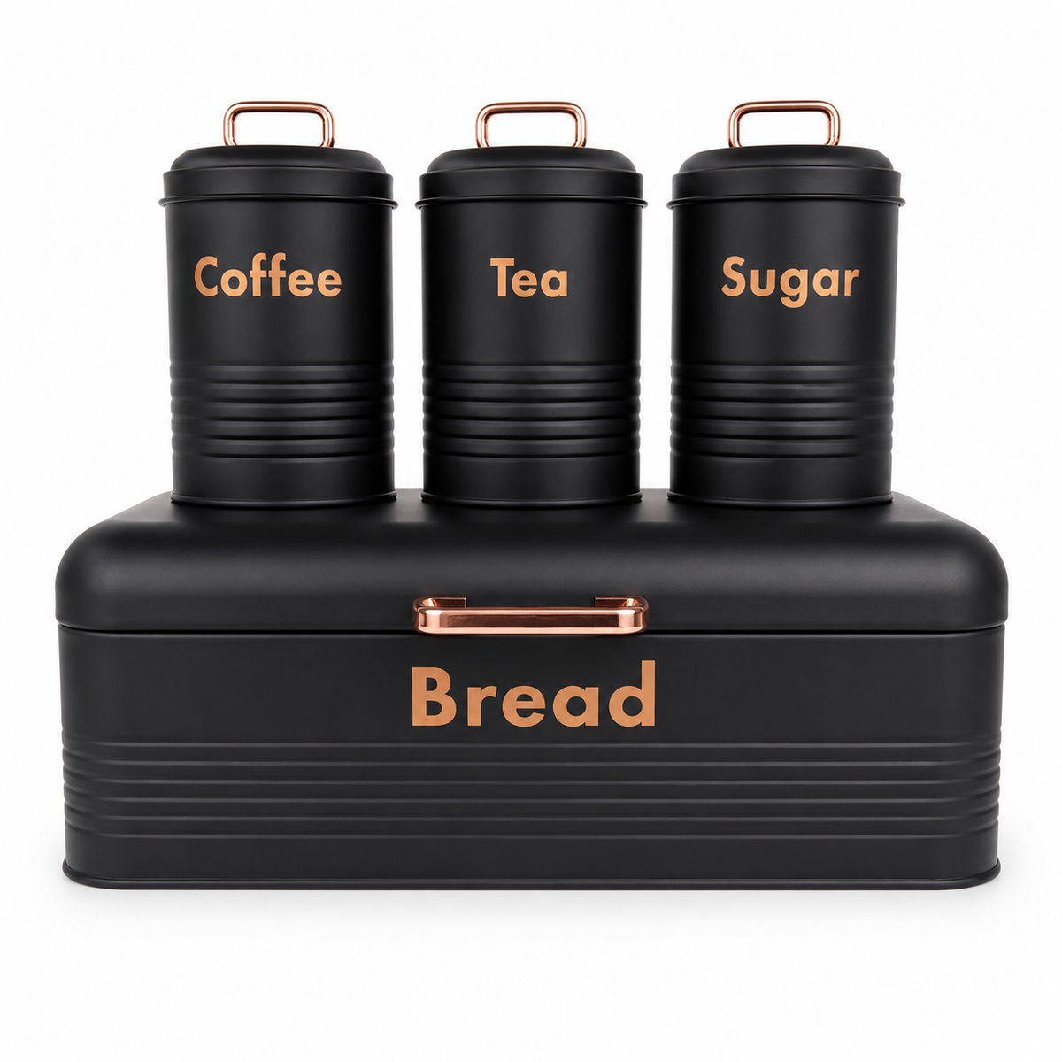 4PC Kitchen Storage Set Bread Bin Coffee Tea Sugar Canisters Black Metal Set