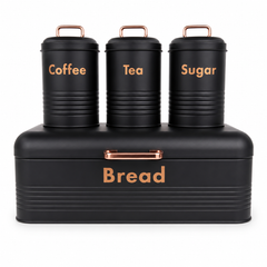 4PC Kitchen Storage Set Bread Bin Coffee Tea Sugar Canisters Black Metal Set