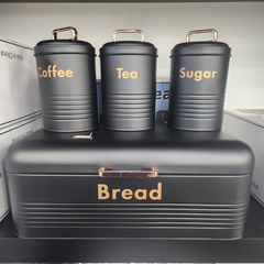 4PC Kitchen Storage Set Bread Bin Coffee Tea Sugar Canisters Black Metal Set