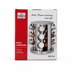 Rotating Spice Rack Carousel with 12 Glass Jars – Stainless Steel Organizer