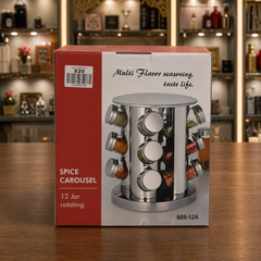 Rotating Spice Rack Carousel with 12 Glass Jars – Stainless Steel Organizer