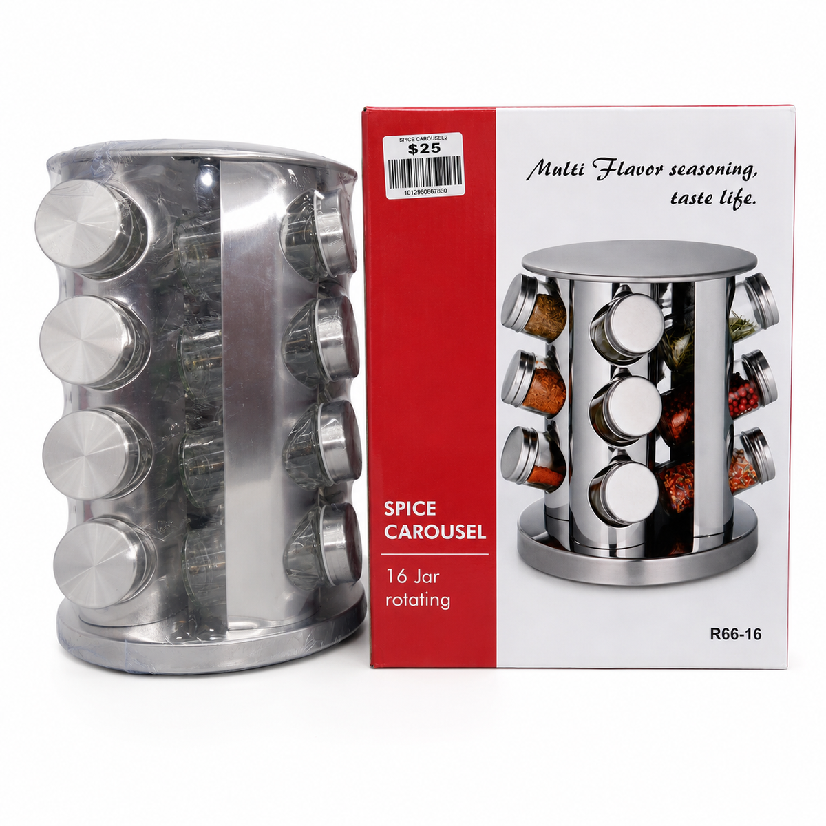 Rotating Spice Rack with 16 Glass Jars – Stainless Steel