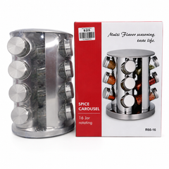 Rotating Spice Rack with 16 Glass Jars – Stainless Steel