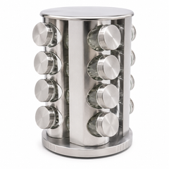 Rotating Spice Rack with 16 Glass Jars – Stainless Steel
