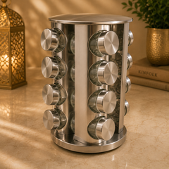 Rotating Spice Rack with 16 Glass Jars – Stainless Steel