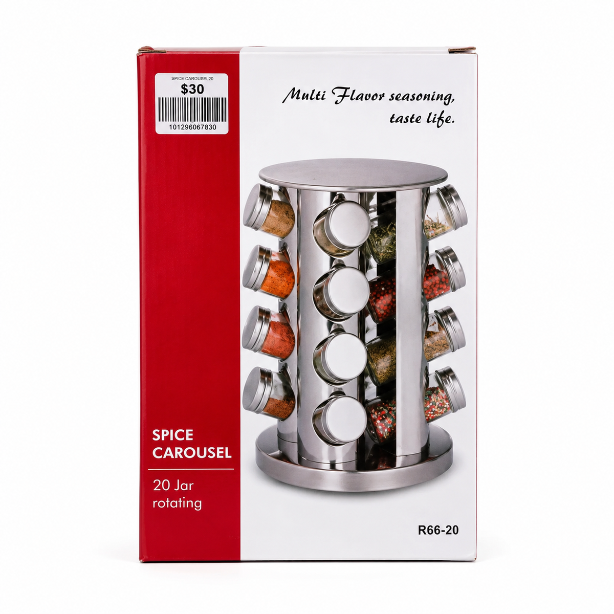 Rotating Spice Rack with 20 Glass Jars – Stainless Steel