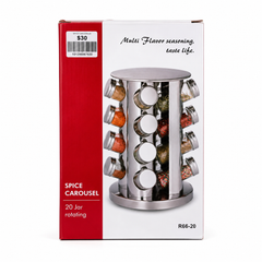 Rotating Spice Rack with 20 Glass Jars – Stainless Steel