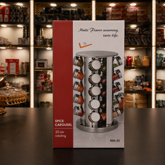 Rotating Spice Rack with 20 Glass Jars – Stainless Steel