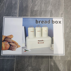 4PC Kitchen Storage Set Bread Box Coffee Tea Sugar Canisters Cream White Metal Set