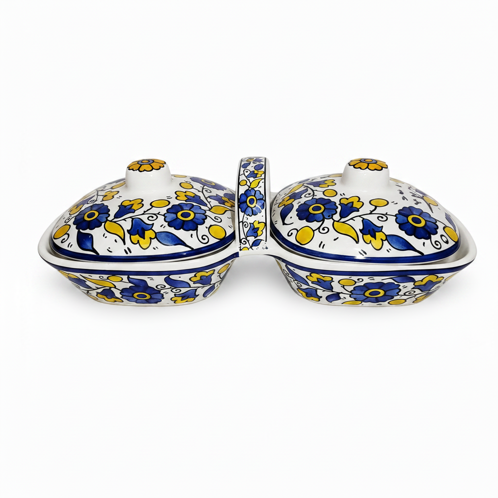 Ceramic Double Serving Dish with Lids – Floral Design