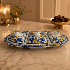 3-Compartment Ceramic Serving Tray with Lids – Floral Arabic Design