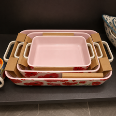 3-Piece Ceramic Baking Dish Set – Floral Design