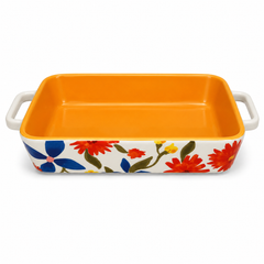 3-Piece Ceramic Baking Dish Set – Floral Design (Orange Interior)