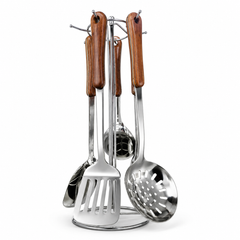 7PCS Stainless Steel Kitchen Utensil Set Wooden Handle Cooking Tools with Stand