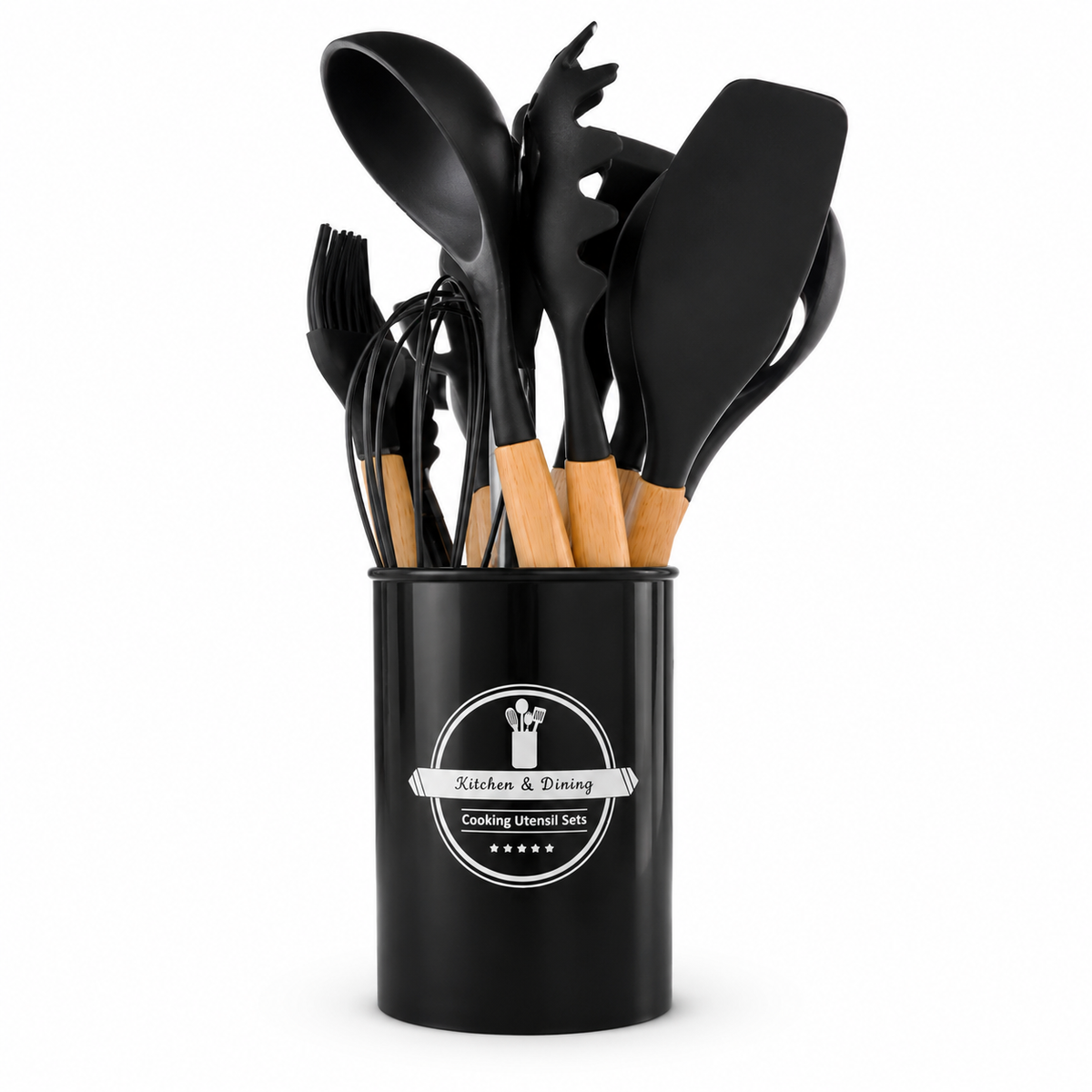 Silicone Kitchen Utensil Set Wooden Handle Cooking Tools with Holder