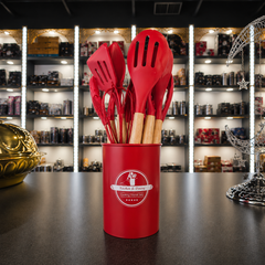 Red Silicone Kitchen Utensil Set Wooden Handle Cooking Tools with Holder