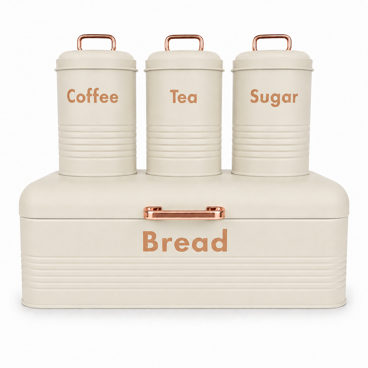 4PC Kitchen Storage Set Bread Box Coffee Tea Sugar Canisters Cream White Metal Set