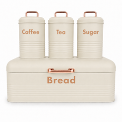 4PC Kitchen Storage Set Bread Box Coffee Tea Sugar Canisters Cream White Metal Set