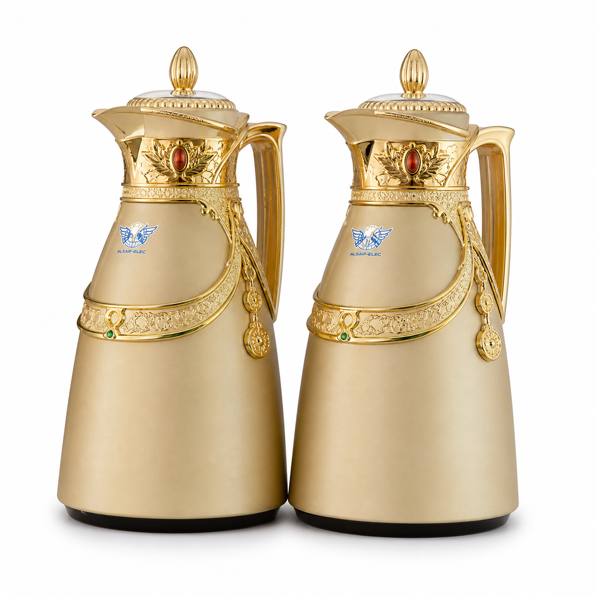 Purple metal flask gift set with gold-tone lid and handle, 0.7 L and 1.0 L