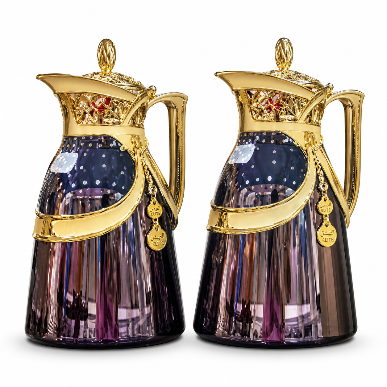 Purple metal flask gift set with gold-tone lid and handle, 0.7 L and 1.0 L